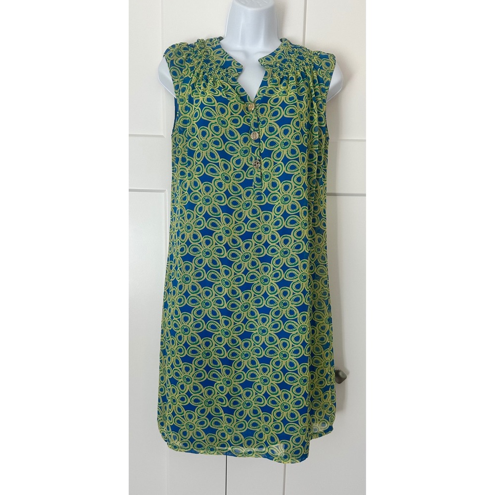 Tracy Negoshian Blue Green Floral Smocked Shift Dress Womens Medium Sleeveless